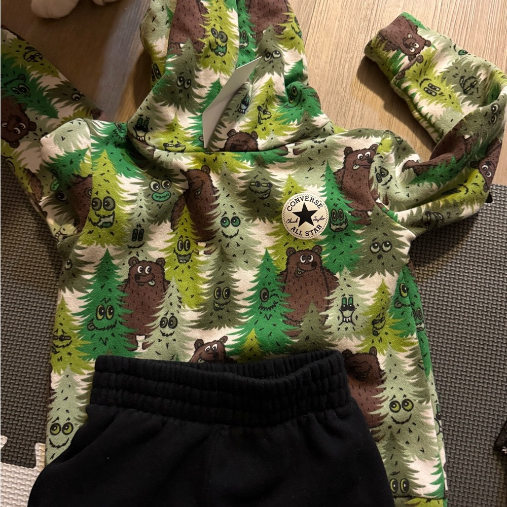 Converse Green Bear Print Hoodie with Black Pants